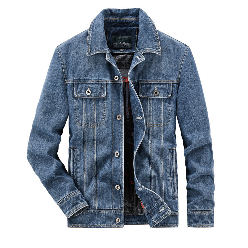 Herren Jeansjacke im Vintage‑Washed Denim mit bedrucktem Innenfutter und Brustklappentaschen EB