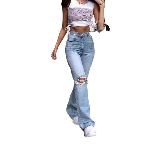 Damen Vintage Schlagjeans mit modischen Rissdetails und hohem Bund EB