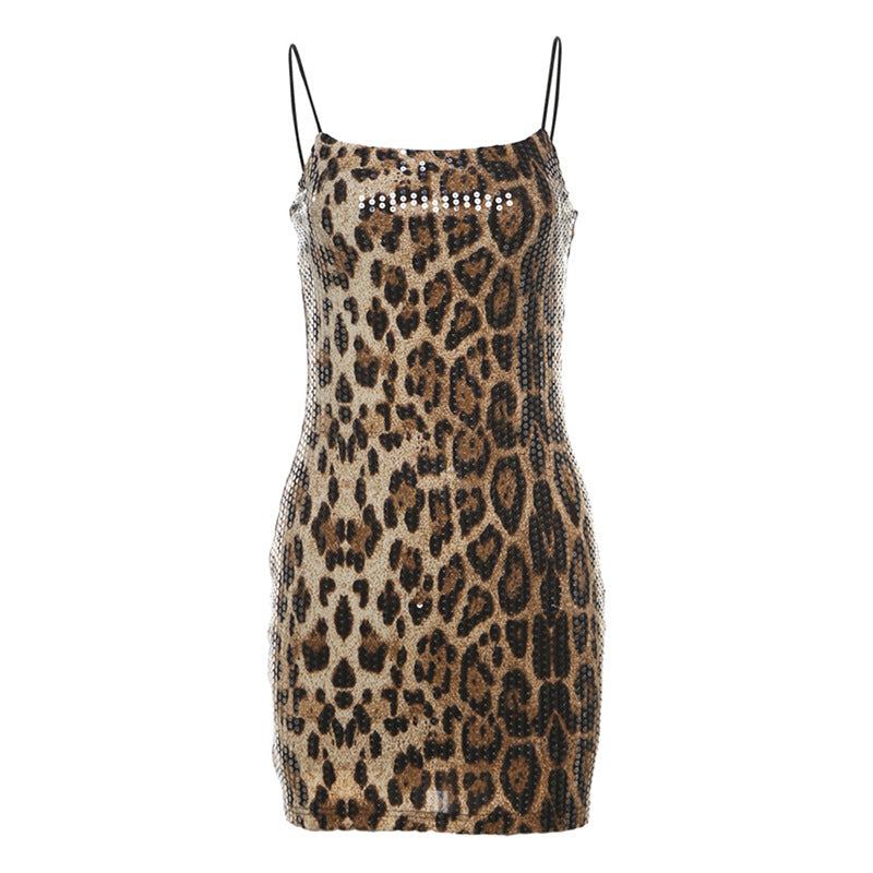 Damen Glitzerndes Minikleid mit Leopardenmuster und Spaghetti-Trägern EB