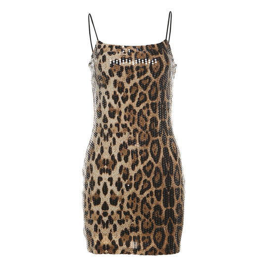 Damen Glitzerndes Minikleid mit Leopardenmuster und Spaghetti-Trägern EB