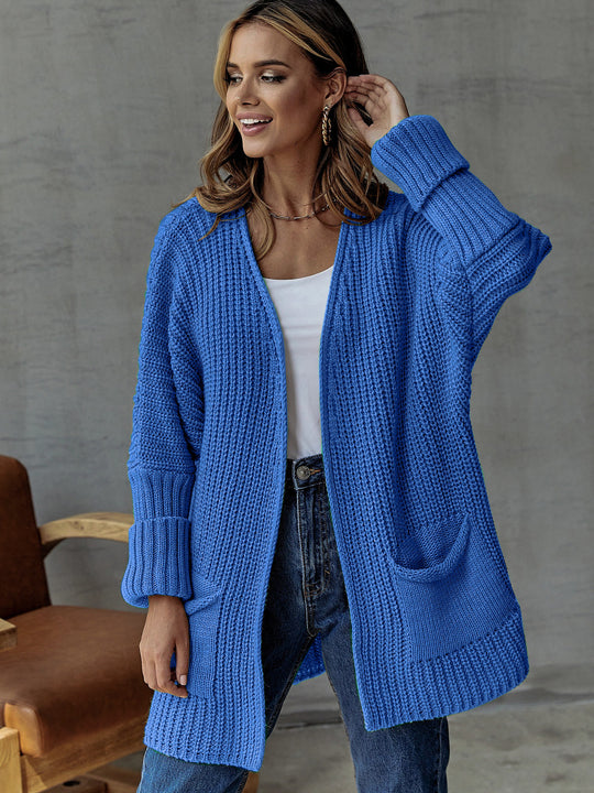 Damen gemütliche Strickjacke mit tiefen Taschen und volumetrischen Ärmeln EB
