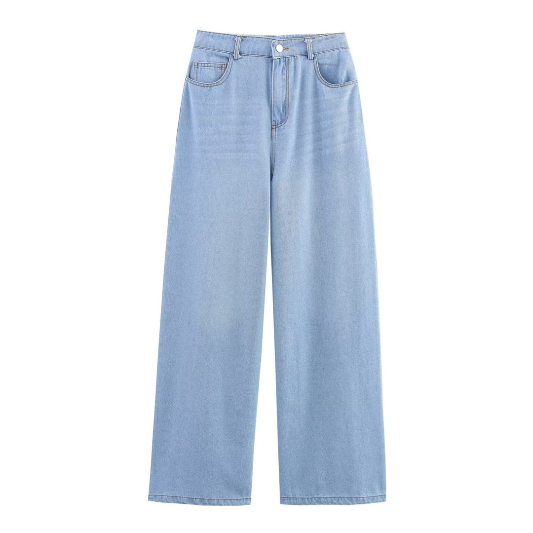 Damen luftige und strukturierte Bluse mit Balloonärmeln und weiten Jeans EB