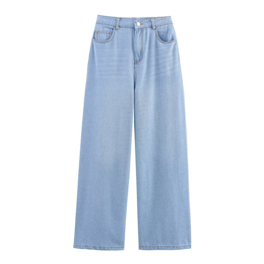 Damen luftige und strukturierte Bluse mit Balloonärmeln und weiten Jeans EB