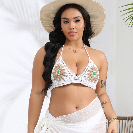 Damen gehäkelter Bikini-Oberteil mit floralen Applikationen EB