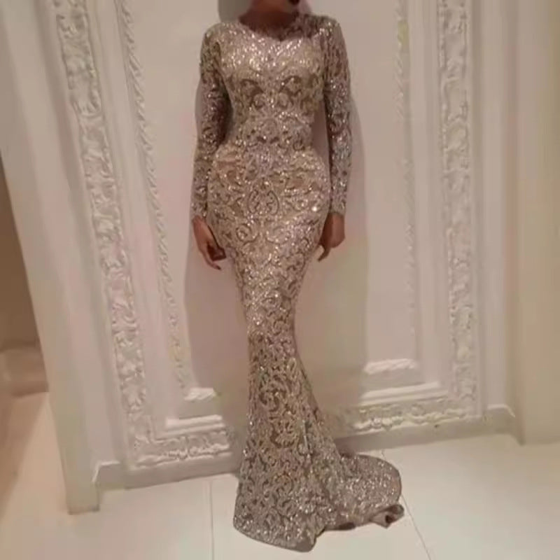 Damen Glamouröses Hochzeitskleid mit funkelnden Pailletten und langen Ärmeln EB