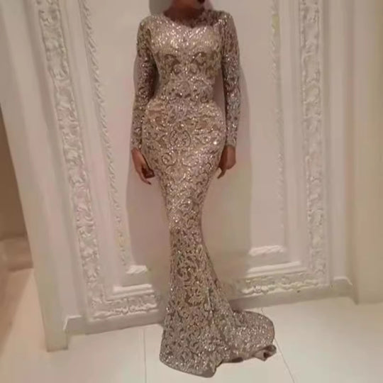Damen Glamouröses Hochzeitskleid mit funkelnden Pailletten und langen Ärmeln EB