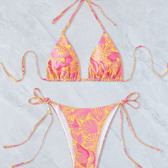 Damen Triangel-Bikini mit lebhaftem floralem Muster und verstellbaren Bindebändern EB