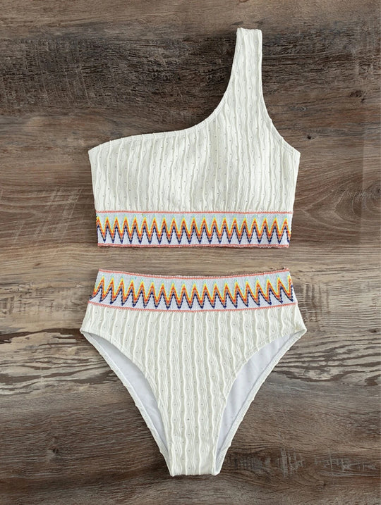 Damen Einseitiger Crop-Bikini mit buntem Jacquardband EB