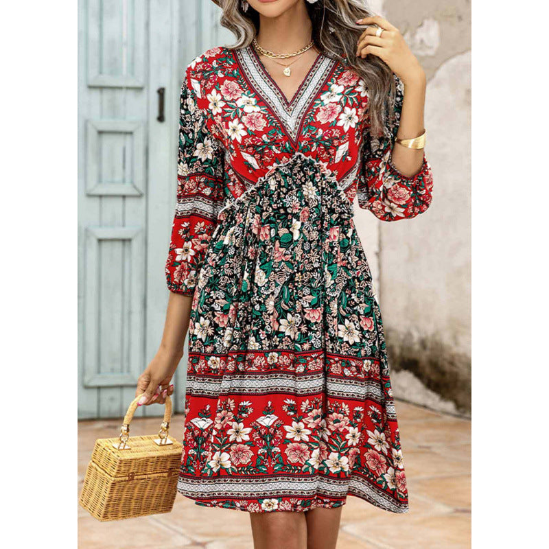 Damen Elegantes Blumenkleid mit V-Ausschnitt und elastischem Bund EB