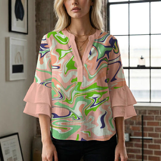 Damen Blusenshirt mit voluminösen Ärmeln und kreativem Druckdesign EB
