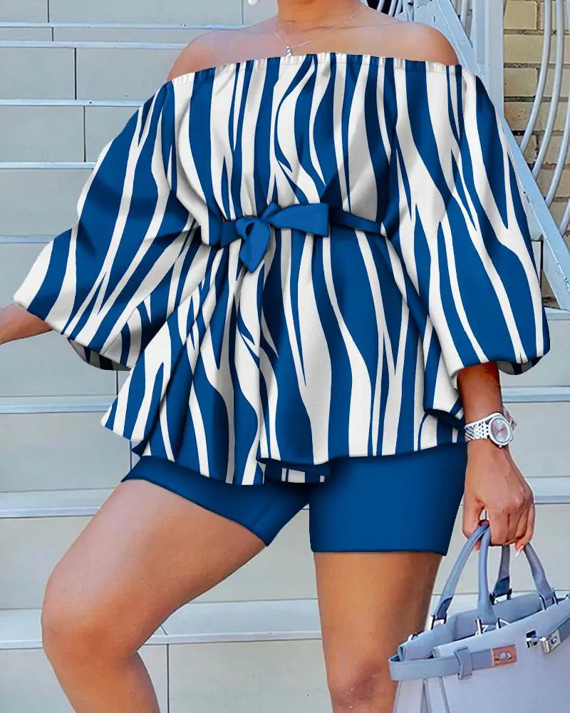 Damen Off-Shoulder Tunika mit weiten Ärmeln und elastischem Taillenband EB