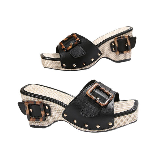 Damen Bequeme Wedge-Pantoletten mit stilvollem Schnallen-Design EB