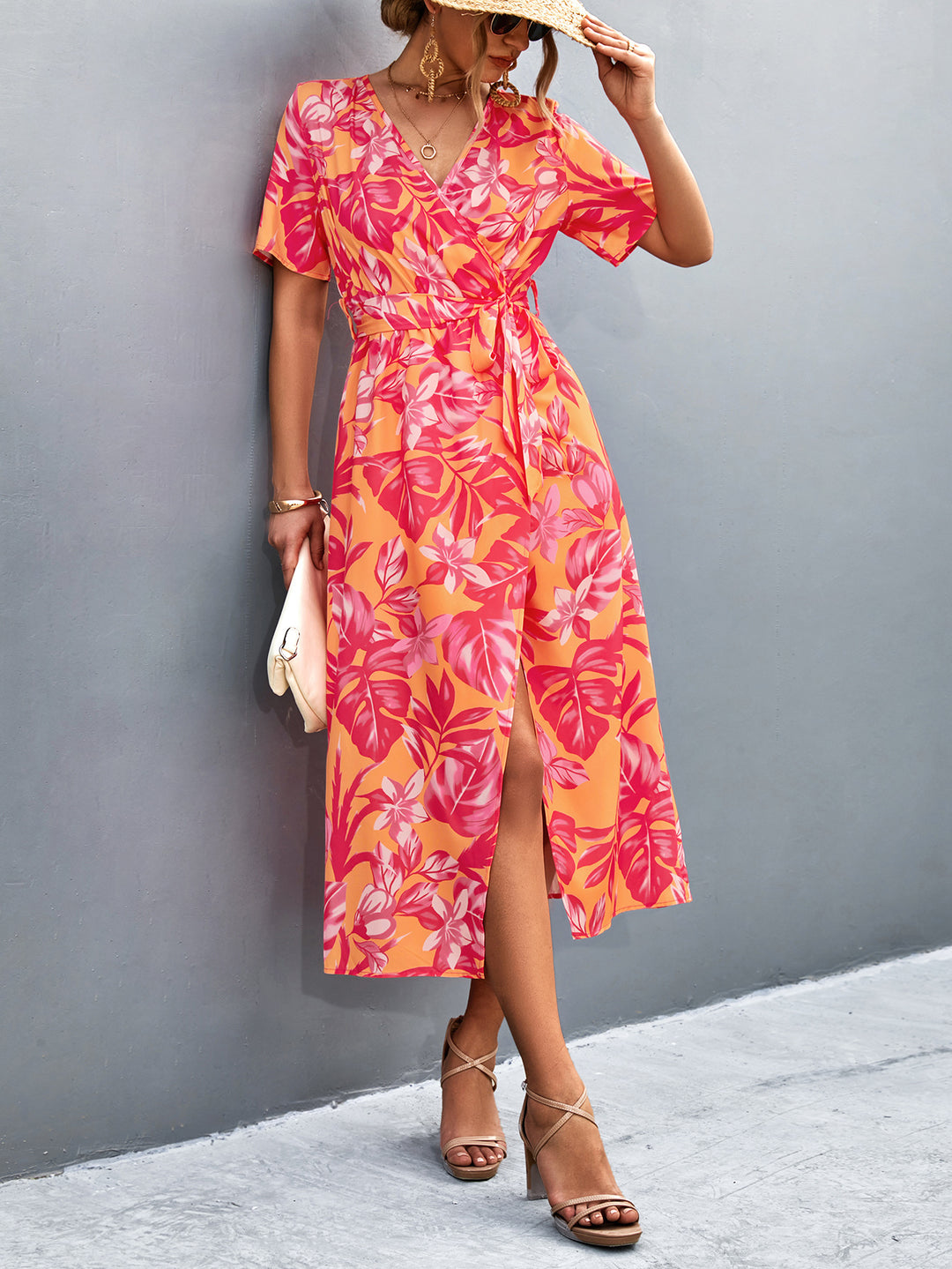 Damen Wickelmaxikleid mit floralem Muster und eleganter Schärpe EB
