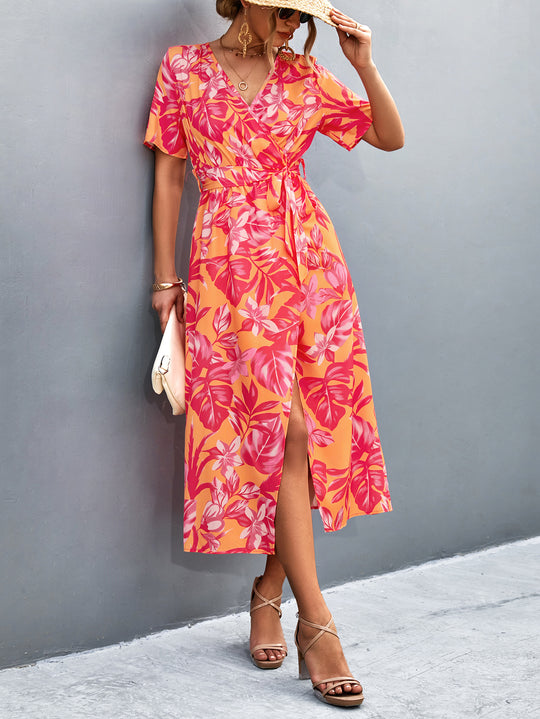 Damen Wickelmaxikleid mit floralem Muster und eleganter Schärpe EB