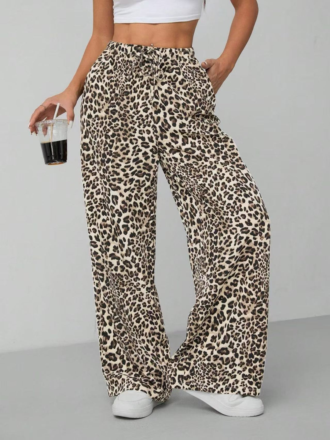 Damen Relaxed Fit Leopardenmuster Palazzo-Hose EB
