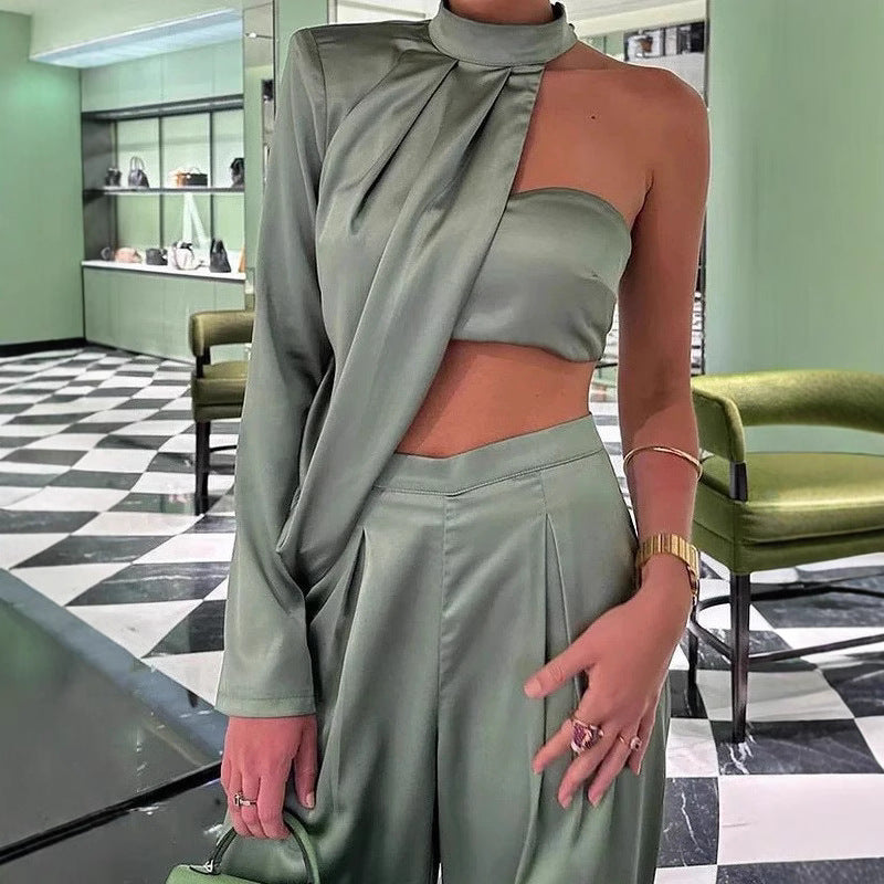 Damen Elegantes Zweiteiliges Set mit asymmetrischem Oberteil und weit geschnittener Hose EB