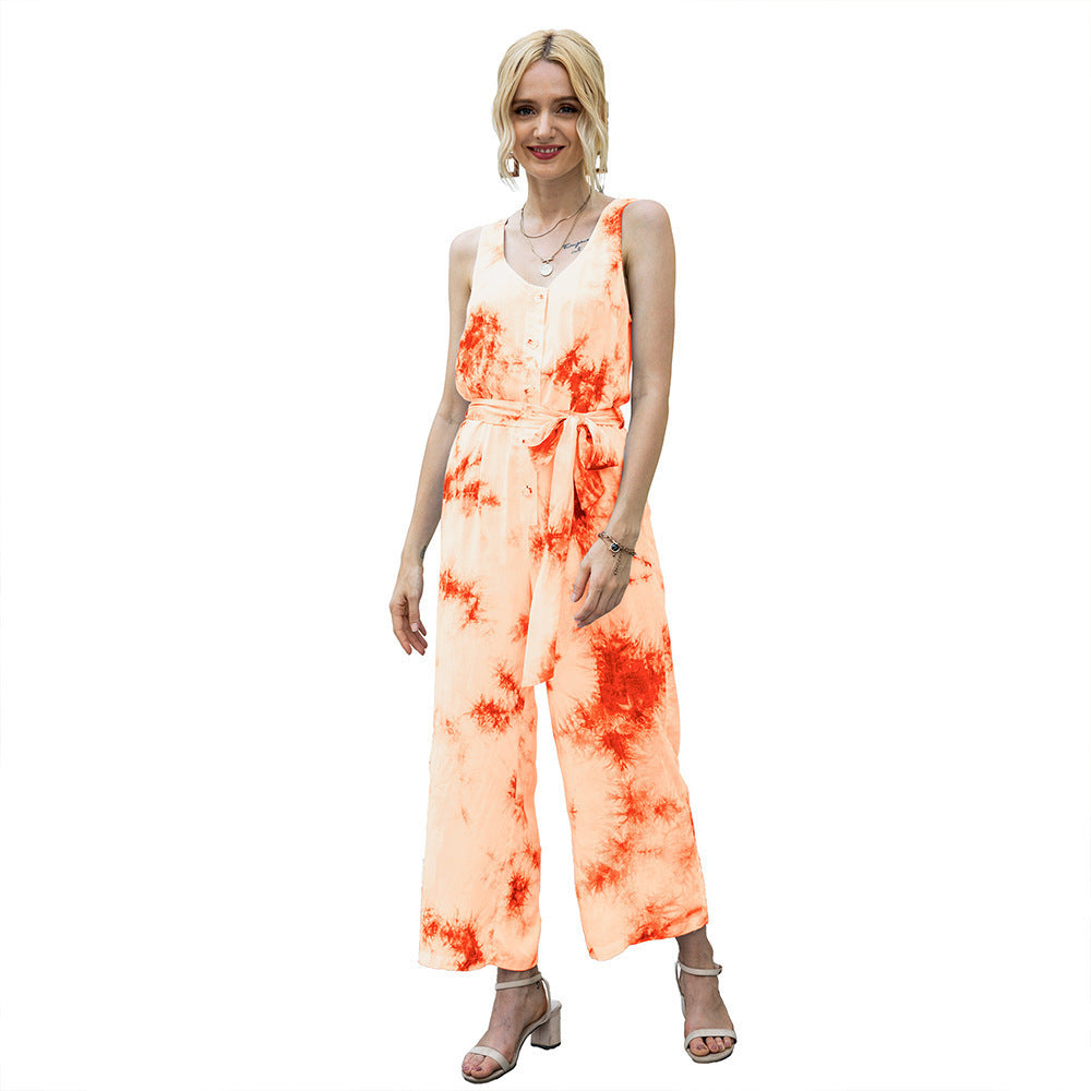 Damen lässiger Jumpsuit mit modischem Bindegürtel und Knopfleiste EB
