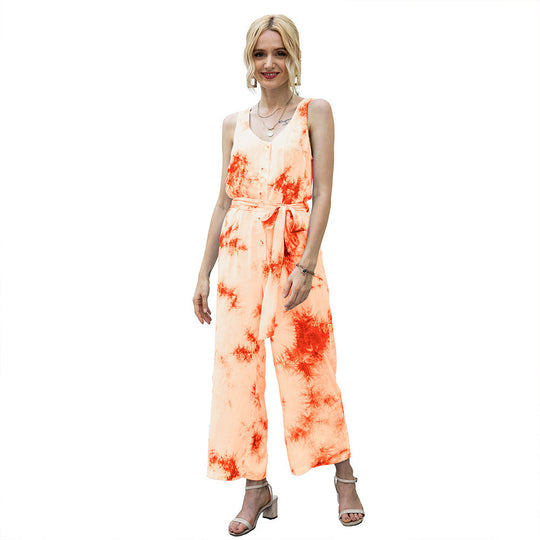 Damen lässiger Jumpsuit mit modischem Bindegürtel und Knopfleiste EB