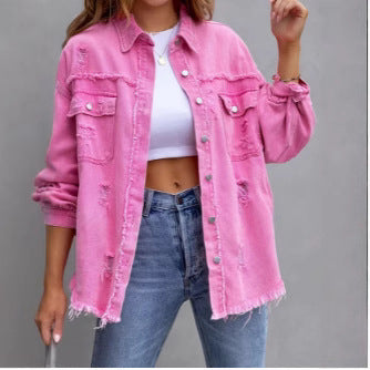 Damen Stylische Overshirt-Jacke mit fransigem Saum EB