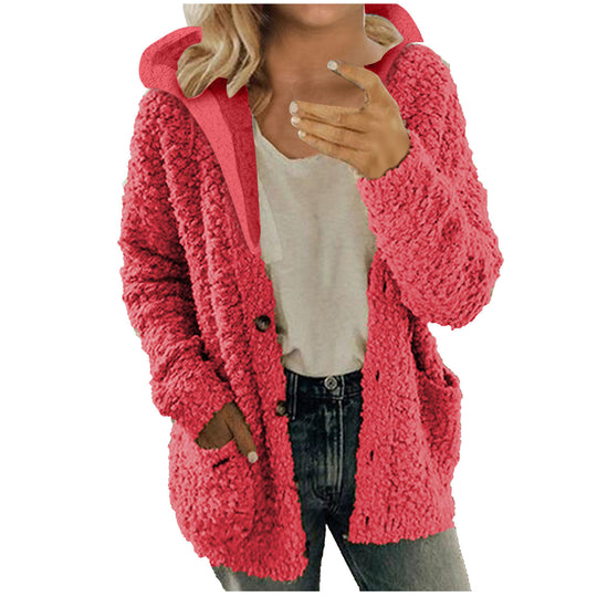 Damen kuschelige Fleecejacke mit Kapuze und praktischen Taschen EB