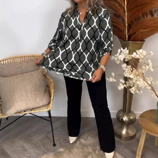 Damen Bluse mit modischem graphischem Muster und praktischen Seitentaschen Heidi-Mode