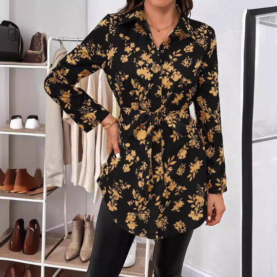 Damen lässige Bluse mit floralem Muster und Taillenknoten EB