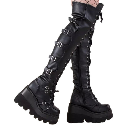 Damen Hochformatige Plateau-Stiefel mit modischem Reißverschluss und Schnür-Design EB