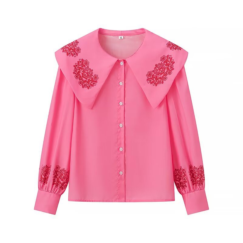 Damen Bluse mit voluminösem Kragen und floralen Stickereien EB