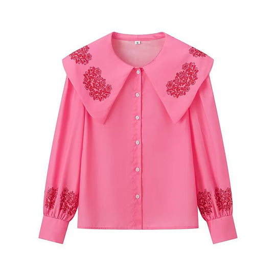 Damen Bluse mit voluminösem Kragen und floralen Stickereien EB