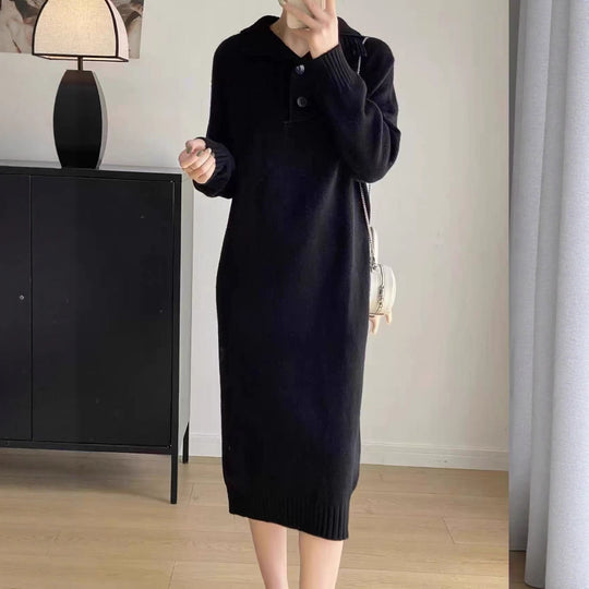 Damen Strickkleid mit Knopfverschluss und hohem Kragen EB