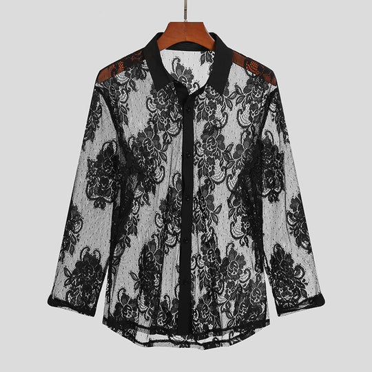 Damen transparente Bluse mit floralem Spitzenmuster EB
