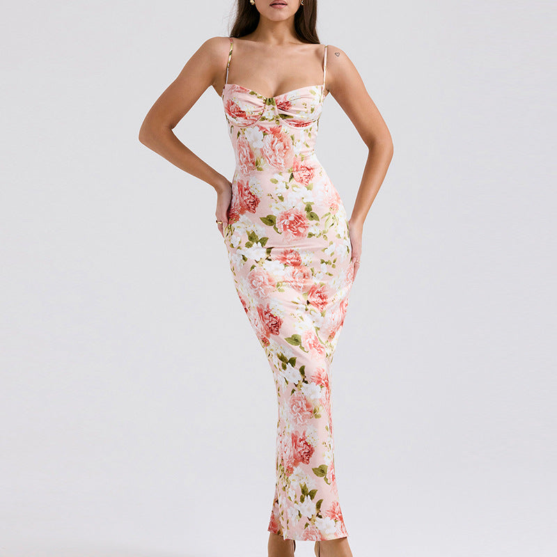 Damen Körperbetontes Maxikleid mit floralen Akzenten und verstellbaren Spaghettiträgern EB
