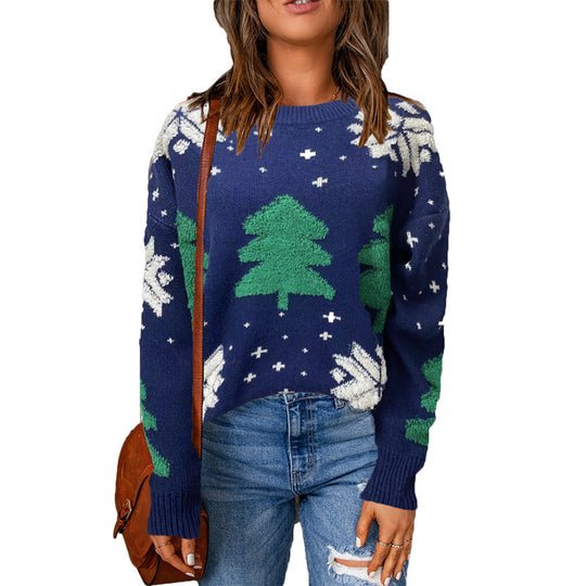 Damen Grobstrickpullover mit winterlichem Tannenbaum-Motiv und lässigem Schnitt EB