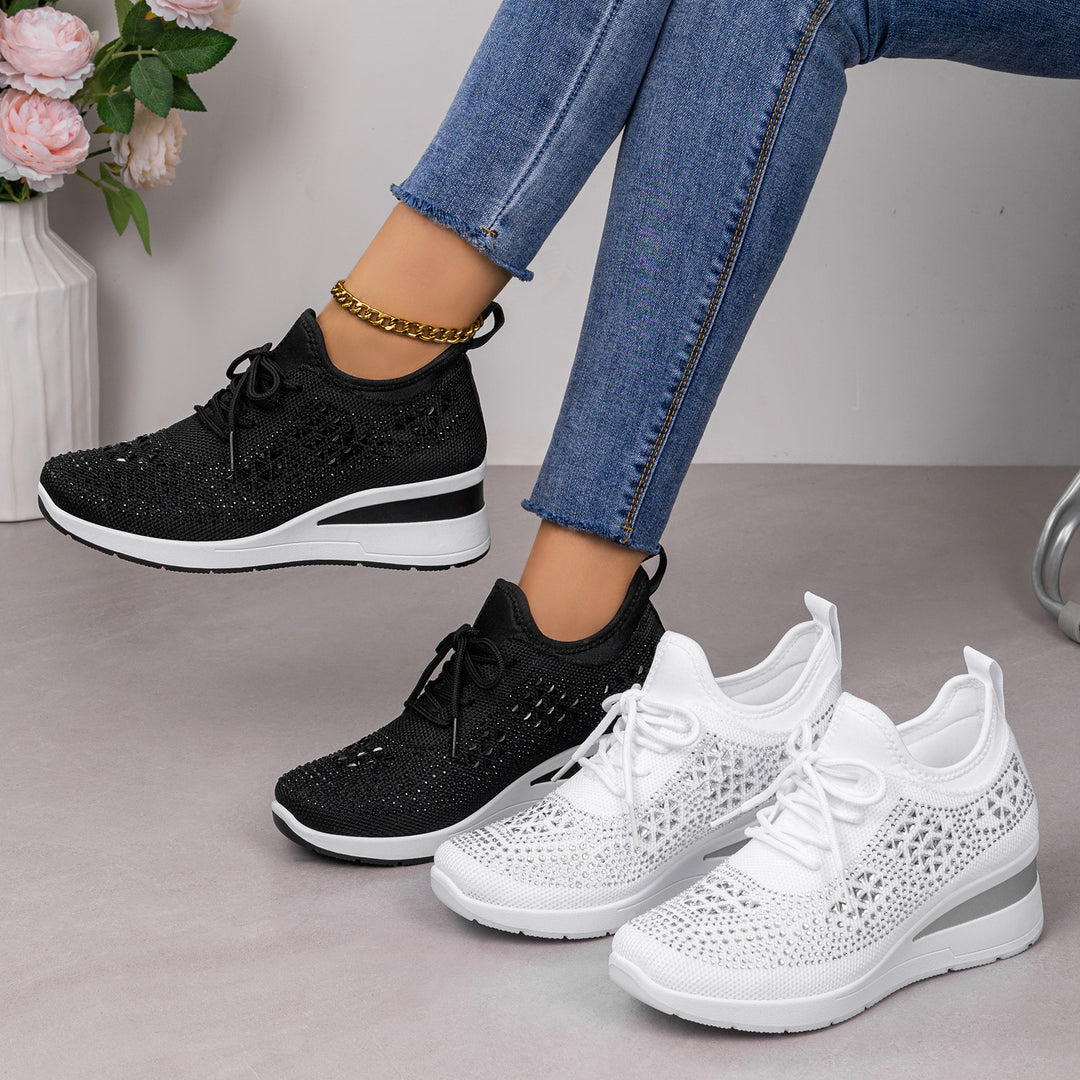 Damen Sportliche Glitzer Sneakers mit luftdurchlässiger Strickoberfläche und gepolsterter Sohle EB