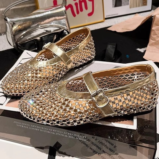 Damen Ballerinas mit elegantem Strassbesatz und verstellbarem Riemchen EB