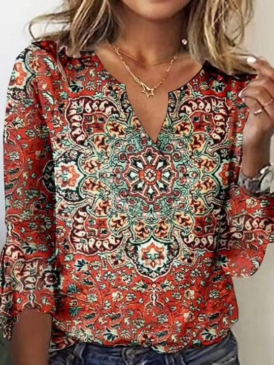 Damen Boho-Tunika-Bluse mit Mandala-Print, V-Ausschnitt und dreiviertel Ärmeln EB