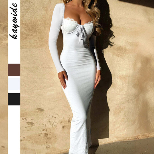 Damen nan eng anliegendes Bodystyle-Maxikleid mit Spitzen-Bustier, Schnürdetail und leichtem Schleppeffekt EB