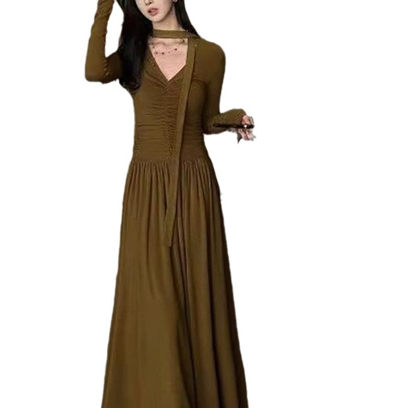 Damen elegantes Maxi-Kleid mit raffiniertem V-Ausschnitt und langen Ärmeln EB