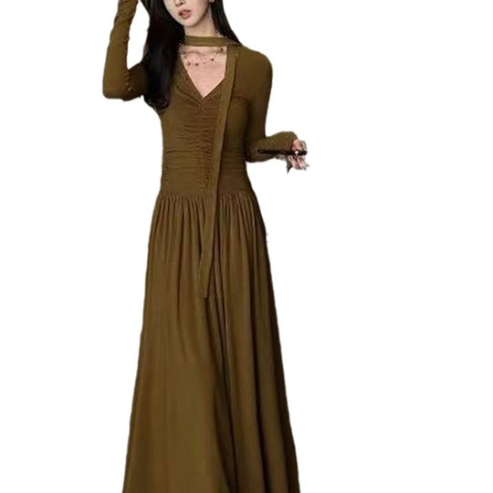 Damen elegantes Maxi-Kleid mit raffiniertem V-Ausschnitt und langen Ärmeln EB