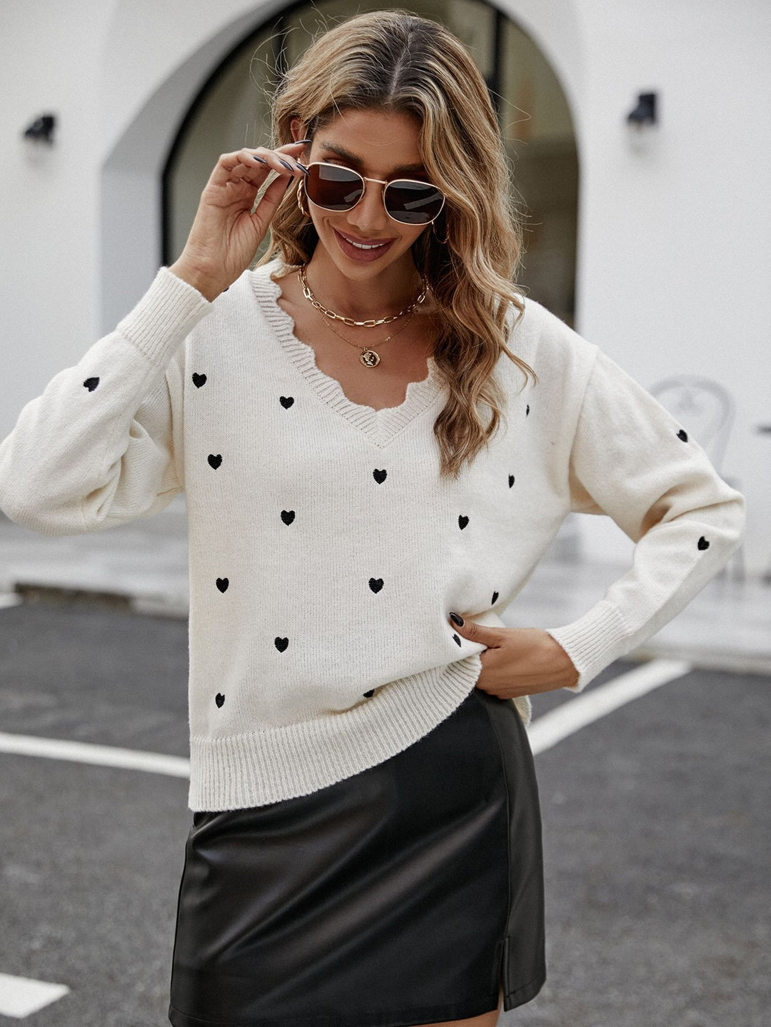Damen Strickpullover mit herzförmigem Muster und weitem Schnitt EB
