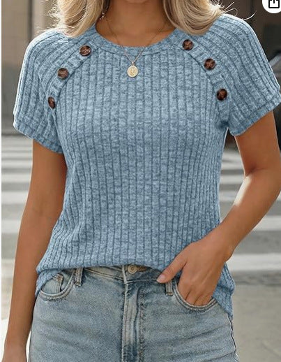 Damen lässiges Rippenstrick-T-Shirt mit Knöpfen EB
