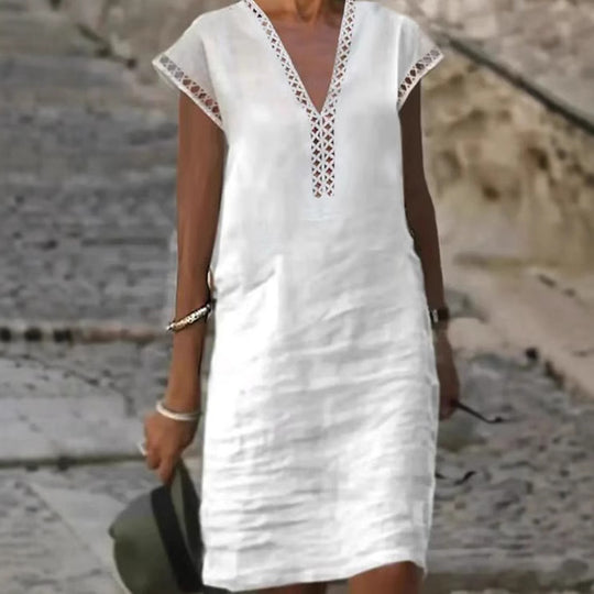 Damen nan leichtes Leinen-Kaftankleid mit V-Ausschnitt und Ajourbesatz EB