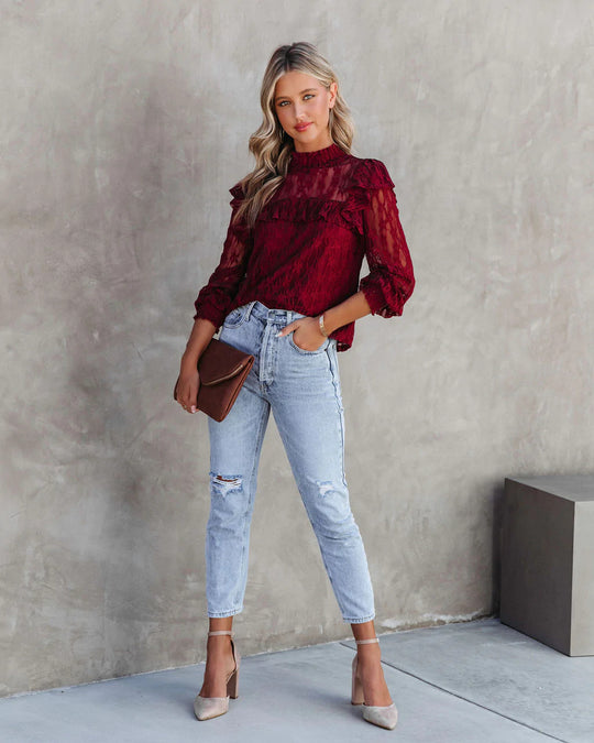 Damen Spitzenbluse mit Rüschendetails und elegantem Stehkragen EB