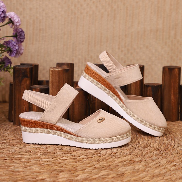 Damen  Espadrille-Keilpantoletten mit elastischem Fersenriemen, Veloursoptik-Obermaterial und geflochtenem Jute-Plateau EB