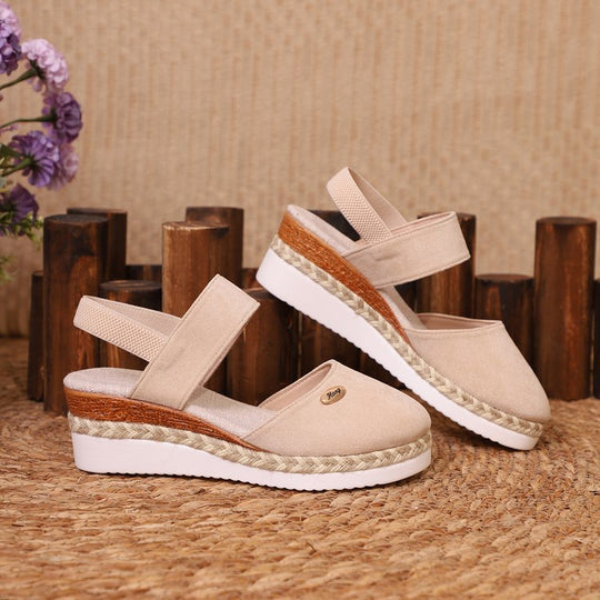 Damen  Espadrille-Keilpantoletten mit elastischem Fersenriemen, Veloursoptik-Obermaterial und geflochtenem Jute-Plateau EB