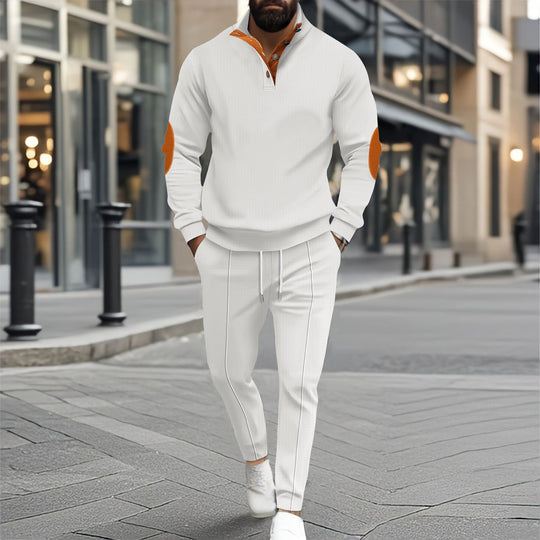 Herren nan feinstrukturiertes Halbkragen-Sweatshirt mit Knopfleiste, dekorativen Ellbogenpatches und legerem Saumabschluss EB