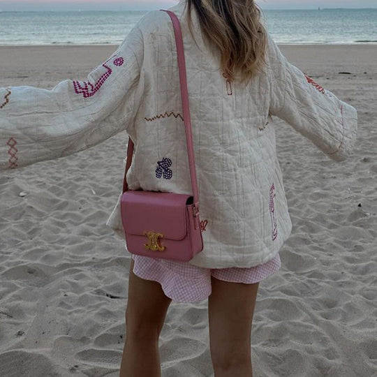 Damen Modische Kimono-Jacke mit bunten Stickdetails und Taschen EB