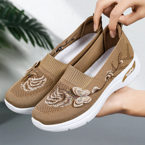 Damen nan gestrickter Slip-On Slipper mit 3D-Blumenstickerei und ergonomischer Komfort-Zwischensohle EB