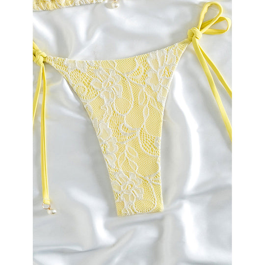 Damen Triangel-Bikini mit zartem Häkelmuster und verstellbaren Bindebändern EB