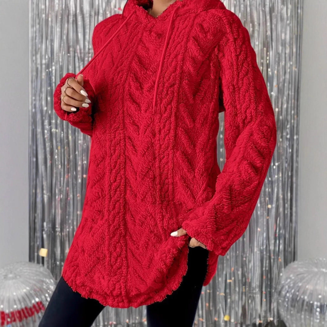 Damen Kapuzenpullover mit weichem Plüsch und modischem Zopfmuster EB